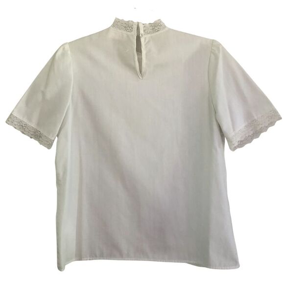 White Lace Victorian Blouse Womens M VTG High Neck Lace Detail Short Puff Sleeve - Picture 5 of 12
